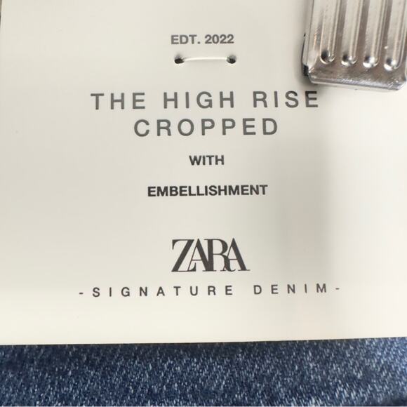 Zara The High Rise Cropped Jeans Size 6 Blue Embellishment Button Fly Straight - Picture 6 of 6